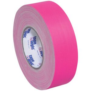 A roll of the 2 x 50 yds. Fluorescent Pink Tape Logic® 11 Mil Gaffers Tape (3 Pack) is vibrant and displays its full circular form, width, and brand name proudly on the inner cardboard core.