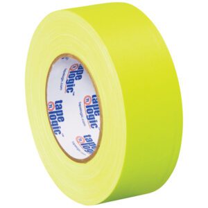 A 3-pack of 2 x 50 yds. Tape Logic® 11 Mil Gaffers Tape in fluorescent yellow, featuring a white inner ring with the brand logo in blue and red, stands upright to showcase its vibrant color and width.