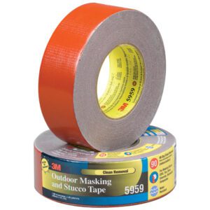 Two rolls of 3M™ 5959 Duct Tape from the 2 x 45 yds. Red (3 Pack) set—one upright and the other flat, showcasing the vibrant red tape and yellow core with product details.