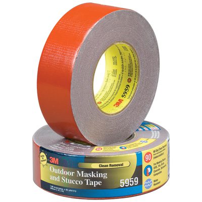 T98759593PK.jpg Two rolls of 3M™ 5959 Duct Tape from the 2 x 45 yds. Red (3 Pack) set—one upright and the other flat, showcasing the vibrant red tape and yellow core with product details.