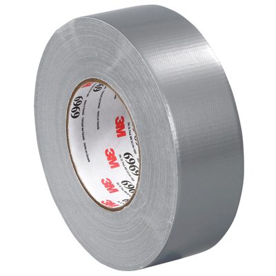T98769693PK.jpg A 2 x 60 yds. Silver (3 Pack) 3M™ 6969 Duct Tape roll partially unspooled, features a visible brand label inside the core, highlighting its durable texture.