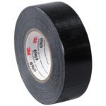 A partially unrolled 2 x 60 yds. Black 3M™ 6969 Duct Tape shines with a thick adhesive edge and displays a red and black core label. (24 Rolls/Case).