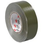 The 2 x 60 yds. Olive Green 3M™ 6969 Duct Tape, sold in cases of 24 rolls, has a shiny surface with a textured finish and partially unwound adhesive side. The center cardboard core features red and black text labeling.