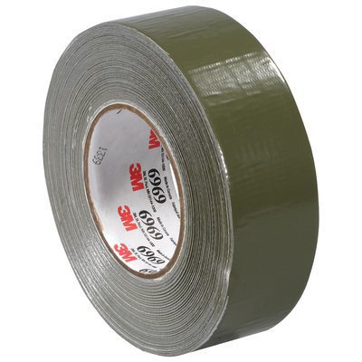T9876969G.jpg The 2 x 60 yds. Olive Green 3M™ 6969 Duct Tape, sold in cases of 24 rolls, has a shiny surface with a textured finish and partially unwound adhesive side. The center cardboard core features red and black text labeling.
