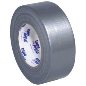 A 2 x 60 yds. Silver Tape Logic® 9 Mil Duct Tape (24 Rolls/Case) stands upright, displaying the label. This thick adhesive is perfect for sealing and repairs.