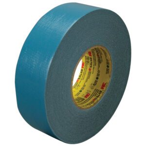 A 3-pack of 2 x 25 yds. 3M™ 8979 Duct Tape in Slate Blue features a yellow inner core with the brand logo and specs. Against a white background, the rolls stand upright showcasing their striking blue hue.