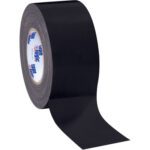 A roll of 3 x 60 yds. Black Tape Logic® 10 Mil duct tape is partly unrolled, showcasing its shiny surface and wide width. The inner label displays blue and red text on white. Available in cases of 16 rolls for heavy-duty tasks.