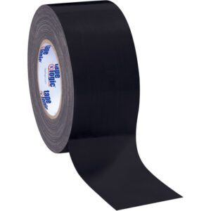 A 3 x 60 yds. Black (3 Pack) Tape Logic® 10 Mil duct tape is partially unrolled, exposing its adhesive side. The inner core displays white and blue text, and the shiny surface reflects light against a white background.
