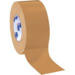 A roll of 3 x 60 yds. beige Tape Logic® 10 Mil duct tape is unrolled to show its adhesive, with the brand logo on the core; sold in a convenient (3 Pack).