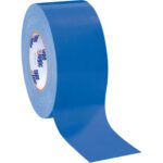 A partially unrolled roll of 3 x 60 yds. Blue Tape Logic® 10 Mil Duct Tape reveals its adhesive underside, with the brand logo on the core. Its glossy surface highlights its strength and versatility for various uses.