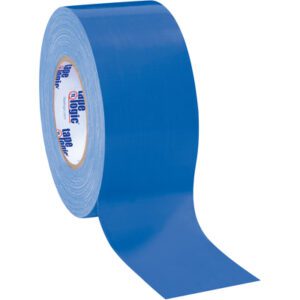 A partially unrolled roll of 3 x 60 yds. Blue Tape Logic® 10 Mil Duct Tape reveals its adhesive underside, with the brand logo on the core. Its glossy surface highlights its strength and versatility for various uses.