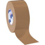 A partially unrolled roll of 3 x 60 yds. Brown Tape Logic® 10 Mil Duct Tape reveals a smooth surface and branded inner core, exemplifying its quality while standing upright on a white background.