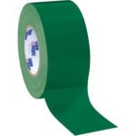 A partially unrolled 3 x 60 yds. Green Tape Logic® 10 Mil Duct Tape (16 Rolls/Case) lies on a white background, showcasing its durable texture and quality.
