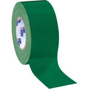 A partially unrolled 3 x 60 yds. Green Tape Logic® 10 Mil Duct Tape (16 Rolls/Case) lies on a white background, showcasing its durable texture and quality.