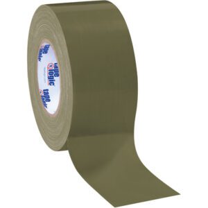 A partially unrolled 3 x 60 yds. Olive Green Tape Logic® 10 Mil Duct Tape reveals its adhesive side and logo against a white background. This versatile tape is sold in cases of 16 rolls.