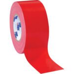 A partially unrolled 3 x 60 yds. Red (3 Pack) Tape Logic® 10 Mil Duct Tape has a glossy surface reflecting light, and the inner core displays blue branding on white. Ideal for various sealing tasks.