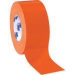 A partially unrolled roll of Tape Logic® 10 Mil Duct Tape, bright orange, showcasing its glossy finish and wide 3 x 60 yds. size, revealing the inner cardboard core with a blue logo. This versatile (3 Pack) is essential for effortless repairs.