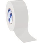 A partially unrolled roll of beige adhesive tape showcases its glossy surface and branded core, similar to the 3 x 60 yds. White Tape Logic® 10 Mil Duct Tape, available in packs of 16 rolls per case with a clean white background.