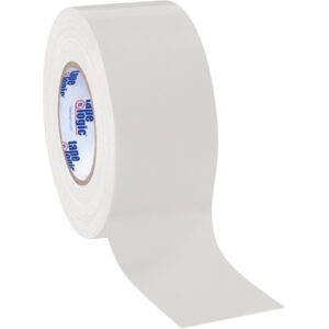 A partially unrolled roll of beige adhesive tape showcases its glossy surface and branded core, similar to the 3 x 60 yds. White Tape Logic® 10 Mil Duct Tape, available in packs of 16 rolls per case with a clean white background.