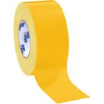 An unrolled 3 x 60 yds. Yellow Tape Logic® 10 Mil Duct Tape reveals its adhesive side, brand logo visible on the core. Ideal for various projects, this sturdy tape comes in convenient cases of 16 rolls.