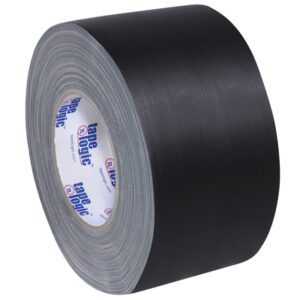 A large roll of black 3 x 60 yds. Tape Logic® 11 Mil Gaffers Tape comes in a case of 16 rolls, tightly coiled with a textured surface and brand label at the core, ideal for heavy-duty needs.