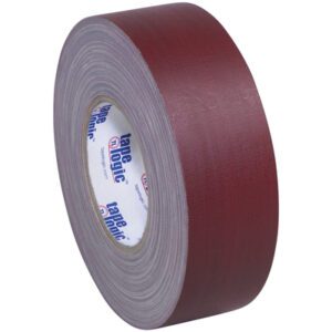 A large roll of 3 x 60 yds. Burgundy Tape Logic® 11 Mil Gaffers Tape is partially unrolled, showcasing its textured surface and branded label inside. Against a white backdrop, this tape is sold in a case of 16 rolls.