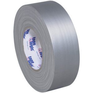 A partially unrolled roll of 3 x 60 yds. Gray Tape Logic® 11 Mil Gaffers Tape with a textured surface stands upright on a white background. The tape is available in a case containing 16 rolls, ensuring ample supply for various needs.