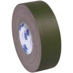 A large roll of 3 x 60 yds. Olive Green Tape Logic® 11 Mil Gaffers Tape (16 Rolls/Case) shows its visible core label with a textured, partially unrolled strong adhesive side, perfect for all your needs.
