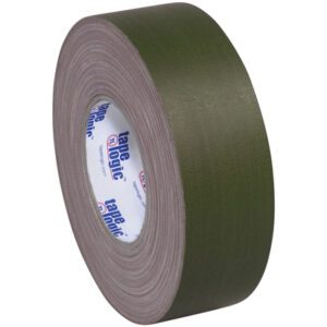 A large roll of 3 x 60 yds. Olive Green Tape Logic® 11 Mil Gaffers Tape (16 Rolls/Case) shows its visible core label with a textured, partially unrolled strong adhesive side, perfect for all your needs.