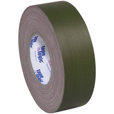 T98818OG3PK.jpg A 3 x 60 yds. olive green Tape Logic® gaffers tape with a white core and blue logo, partially unrolled to reveal its textured surface and robust 11 mil build comes in a convenient (3 Pack).