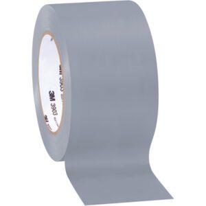 A partially unrolled roll of 3 x 50 yds. Gray 3M Vinyl Duct Tape 3903 (18 Rolls/Case) displays its adhesive side, vertically against a plain white background, showcasing its smooth texture and essential width for any toolkit.