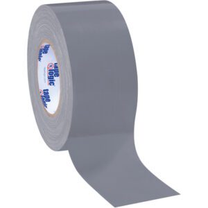 A roll of Tape Logic® 9 Mil Duct Tape from a case of 16, partially unwinds to show its adhesive side. The inner cardboard, with blue and white branding, stands upright on a white background, showcasing the quality in each case.