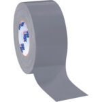 A partially unrolled roll of 3 x 60 yds. Silver Tape Logic® 9 Mil Duct Tape from a handy 3 Pack showcases its adhesive side and brand on the inner core, upright against a plain white background.