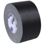 The 4 x 60 yds. Black (3 Pack) Tape Logic® 11 Mil Gaffers Tape includes three rolls of black duct tape, branded in blue and red text on the core. It has a textured, thick, and shiny surface perfect for tough jobs.