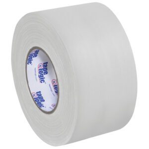 A large roll of 4 x 60 yds. White Tape Logic® 11 Mil Gaffers Tape stands upright, showcasing its branded core. This versatile tape comes in a case of 12 rolls, ideal for various uses.