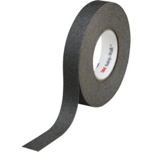 The 1 x 60 Black 3M™ Safety-Walk™ Tape - 610 is shown partially unrolled on a white background to highlight its textured surface for better traction, with 3M and Safety-Walk on the center. Each case includes four rolls.