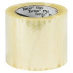 A roll of Tartan™ Label Protection Tape 3765, measuring 4 x 145 yds, stands upright with its label visible. It comes in a case of 12.