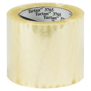 A roll of Tartan™ Label Protection Tape 3765, measuring 4 x 145 yds, stands upright with its label visible. It comes in a case of 12.