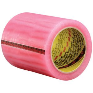 The 5 x 72 yds. Scotch® Label Protection Tape 821 features a pink hue, red-black stripe along the edge, and a yellow core with the logo. Its slightly translucent with an elegant sheen and conveniently packed in an 8/Case.