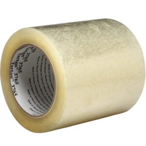 A roll of 6 x 145 yds. Tartan™ Label Protection Tape 3765, with a white inner core featuring text, stands upright against a white background. The tape has a slight yellow tint and is available in cases of 8.