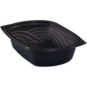 The MH-USA Take-Out Containers consist of black, rectangular trays with transparent lids adorned with curved, embossed designs. Each 32 oz. tray is perfect for food storage or display and comes in a case of 252, combining functionality with sleek design.