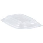 A clear, rectangular plastic lid with rounded edges, suitable for MH-USA take-out containers (16 oz., 24 oz., and 32 oz.), is displayed against a white backdrop. Available in bulk, each case contains 252 lids for convenient ordering.