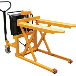 A Vestil Tote-A-Load Dc Power 21 X 43 features a yellow hydraulic pallet jack with black handles, two lifting prongs, base wheels, and an adjustable lifting mechanism for moving pallets in warehouses or storage spaces.