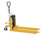 The Vestil Tote-A-Load Foot Pump pallet jack, with its 21 x 43-inch forks, features a bright yellow design and black handle, ideal for lifting and moving pallets against a plain white background.