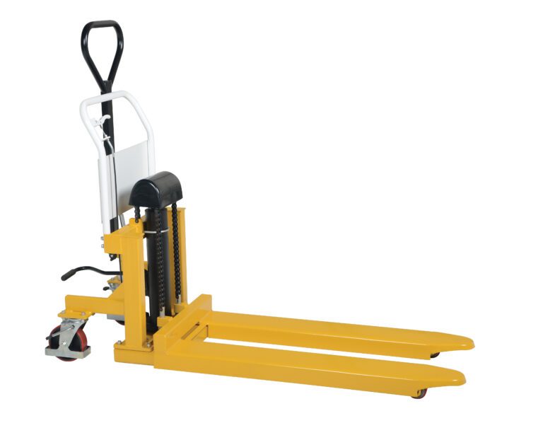 The Vestil Tote-A-Load Foot Pump pallet jack, with its 21 x 43-inch forks, features a bright yellow design and black handle, ideal for lifting and moving pallets against a plain white background.