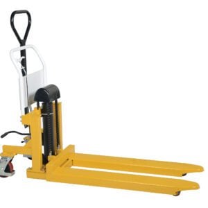 The Vestil Tote-A-Load Foot Pump pallet jack, with its 21 x 43-inch forks, features a bright yellow design and black handle, ideal for lifting and moving pallets against a plain white background.