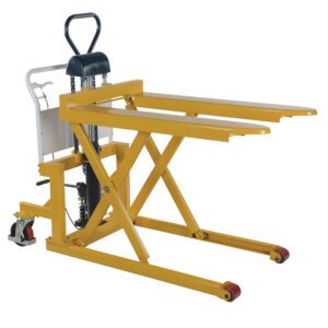 The Vestil Tote-A-Load Ergonomic Foot Pump 27 x 43 hydraulic lift table in yellow stands against a white background, featuring two forks, an ergonomic scissor lift mechanism with a foot pump, and red wheels designed for effortless heavy load lifting and moving.