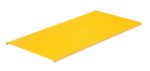 A flat, rectangular yellow metal panel with slightly bent side edges resembles the Vestil Tote-A-Load Option Platform 44 X 21.25, angled against a plain white background.