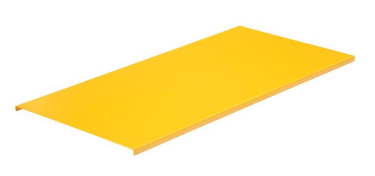 A flat, rectangular yellow metal panel with slightly bent side edges resembles the Vestil Tote-A-Load Option Platform 44 X 21.25, angled against a plain white background.