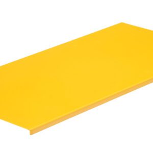 A flat, rectangular yellow metal panel with slightly bent side edges resembles the Vestil Tote-A-Load Option Platform 44 X 21.25, angled against a plain white background.